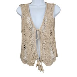 NWT Hippie Rose Sz Large Beige Crochet Knit Open Front Tie Vest Cardigan Boho